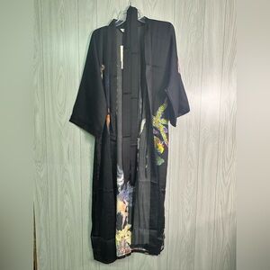Ulivary Kimono Robe Dragon Phoenix Black Open Front Cover Up Casual Loungewear‎